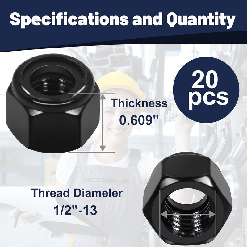 ZQZ 1/2"-13 Black Nylon Lock Nuts, 14Pcs 304 (A2-70) Stainless Steel Nylon Insert Locknuts, Black Oxide, Coarse Thread Nylock Nuts - Image 2